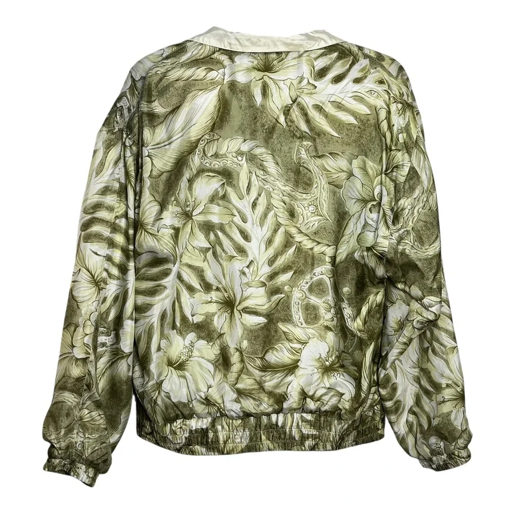 Studio Ray River Edge Womens Small Silk Bomber Jacket Green Floral‎ Tropical Zip